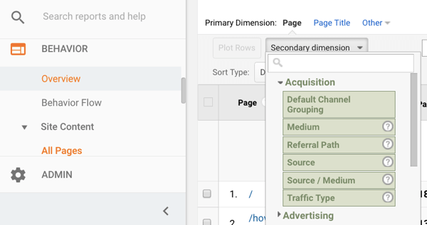 Meniul derulant pentru dimensiunea secundară Google Analytics.