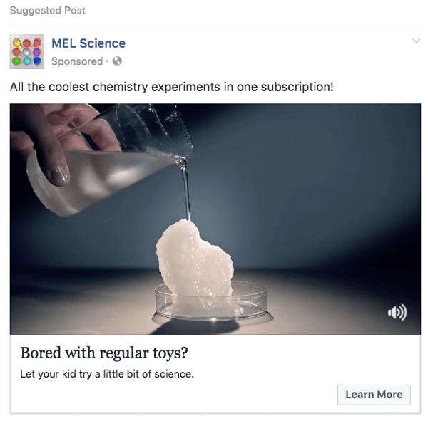 Acest anunț Facebook MEL Science folosește clipuri dintr-un videoclip YouTube.