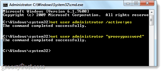 activați admin în Windows 7 prin intermediul utilizatorului net