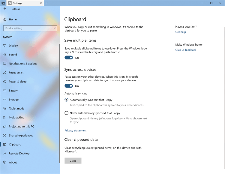 Windows 10 RS5 Cloud Clipboard