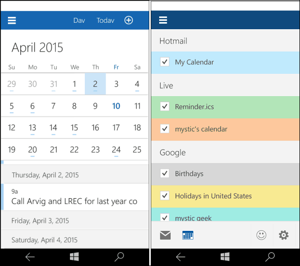 Windows 10 pentru telefoane Calendar