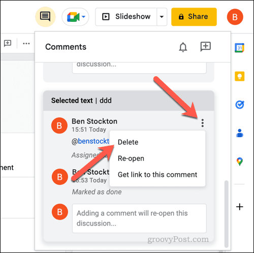 Ștergerea unui comentariu din Google Slides