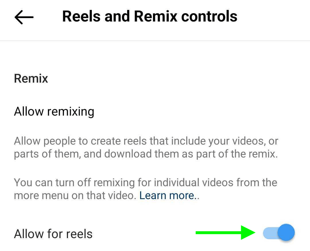 imaginea comenzilor Reels și Remix în setările profilului de afaceri Instagram