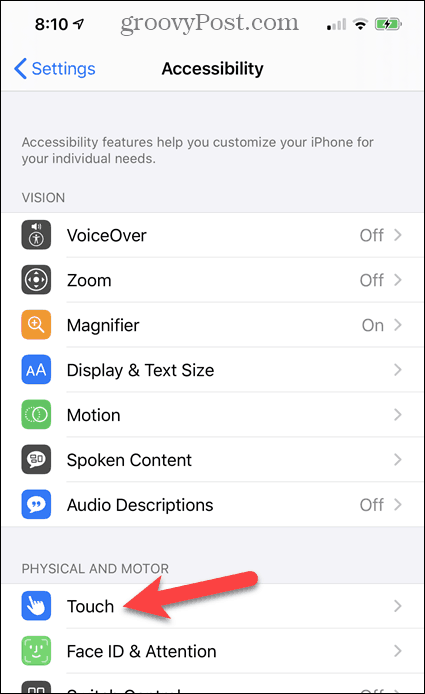 Atingeți Touch în Accesibilitatea iPhone