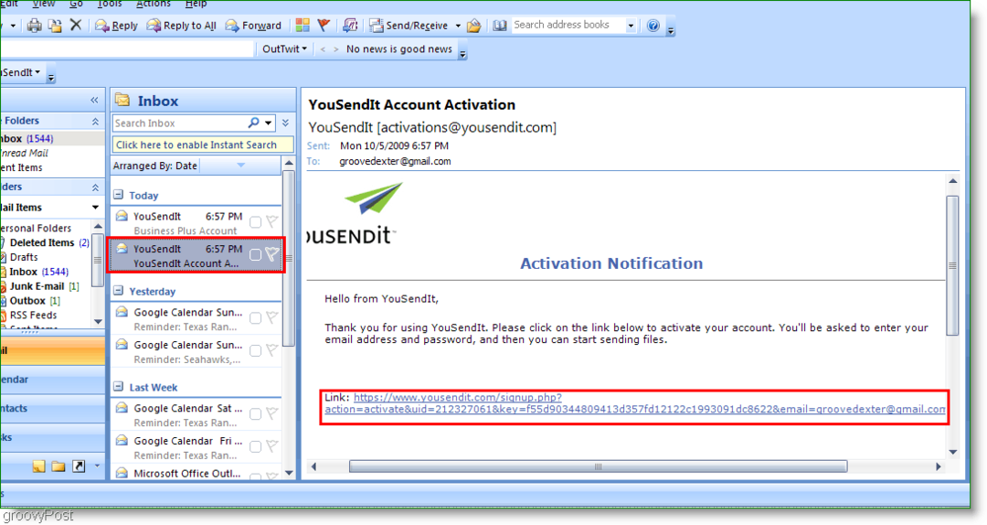Link de activare YouSendIt în Outlook