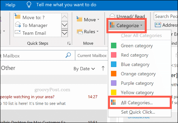 Meniul de categorizare a categoriilor de culori din Outlook