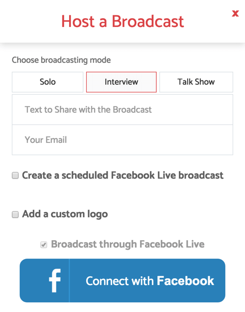 Când configurați BeLive pentru un spectacol de interviu live, selectați modul de difuzare a interviului.