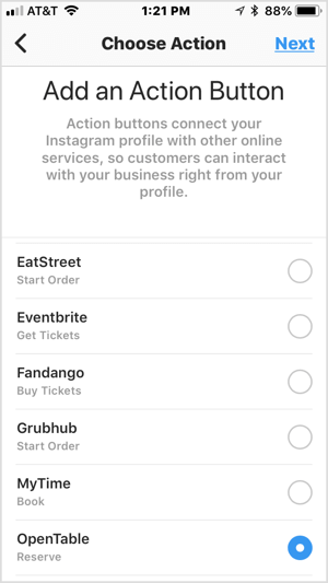 Alegeți un buton de acțiune pentru al adăuga la profilul dvs. de afaceri Instagram.