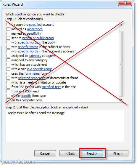 nu selectați nicio condiție pentru e-mailuri trimise Outlook 2010