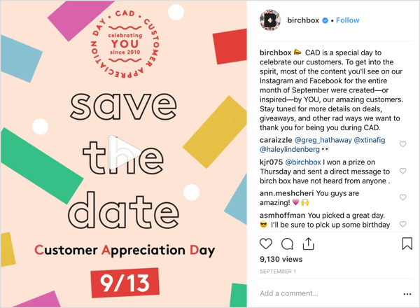 Contul Instagram al Birchbox i-a tratat pe adepți cu oferte, cadouri și surprize pentru a marca Ziua Aprecierii Clienților.