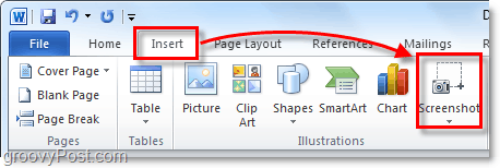 butonul de captură de ecran este sub panglica de introducere în Office 2010