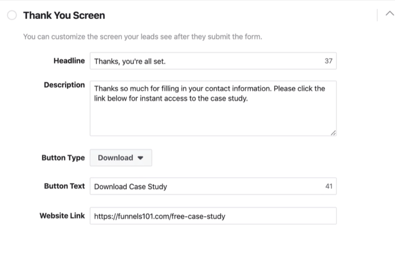 Secțiunea Ecran de mulțumire a procesului de configurare a formularului de plumb Facebook