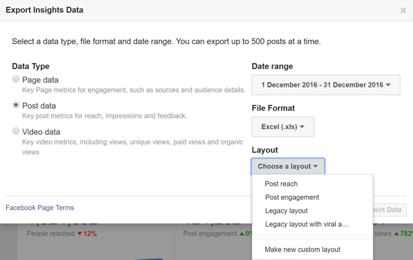 Alegeți un aspect atunci când exportați datele dvs. de publicare pe Facebook.