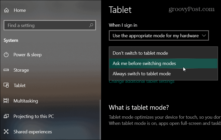 setările tabletei Windows 10