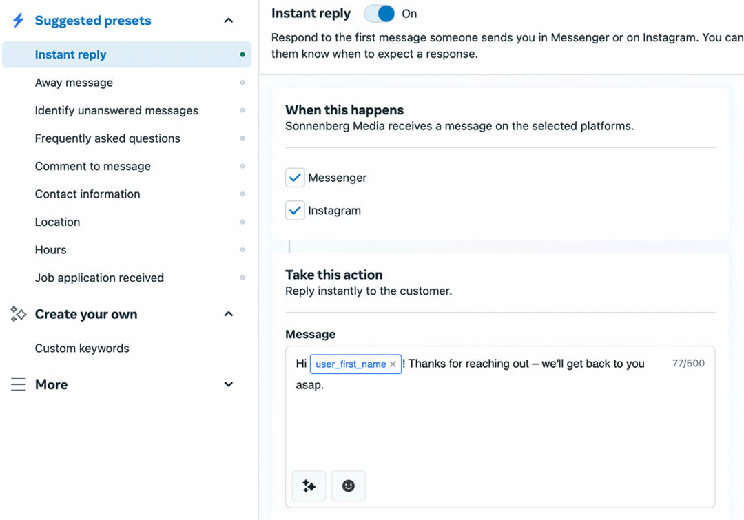 imaginea ecranului de configurare Instant Reply din Meta Business Manager