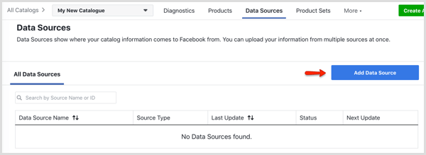 Adăugați butonul Sursă de date în fila Surse de date din Managerul de catalog Facebook