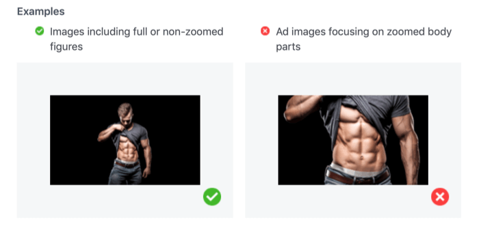 fotografii acceptabile și inacceptabile care prezintă părți ale corpului mărite pentru reclame pe Facebook