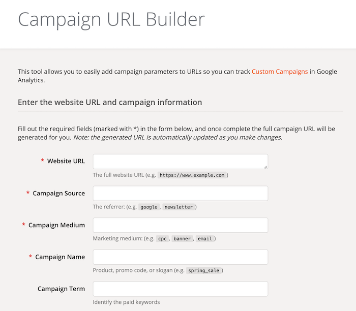 Câmpurile formularului Generator de adrese URL a campaniei Google Analytics