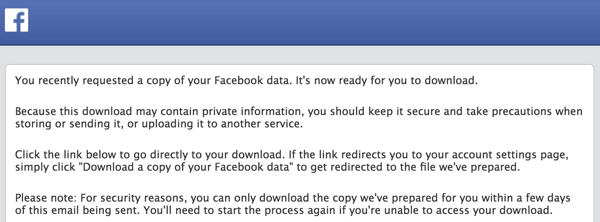 Facebook vă va trimite un e-mail când arhiva dvs. este gata de descărcare.