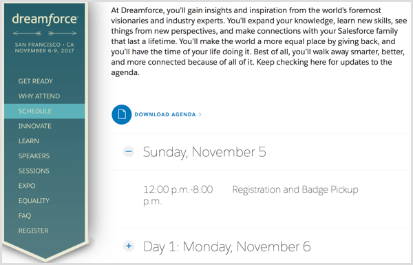 programul site-ului web al evenimentului dreamforce