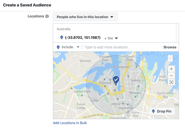 Cum să vă promovați evenimentul live pe Facebook, pasul 5, opțiunea de a crea un public salvat pe baza locației evenimentului