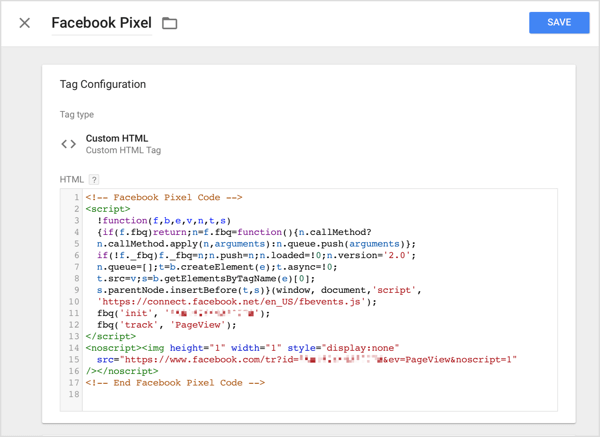 În Google Tag Manager, faceți clic pe opțiunea HTML personalizat și lipiți codul de urmărire pe care l-ați copiat de pe Facebook în caseta HTML.