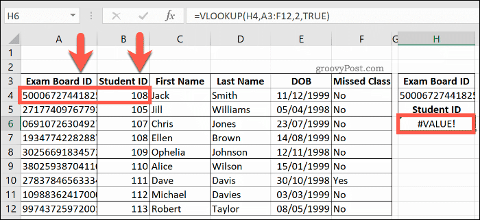 O formulă VLOOKUP care returnează o eroare VALUE în Excel