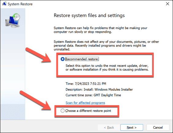 opțiuni de restaurare Windows 11