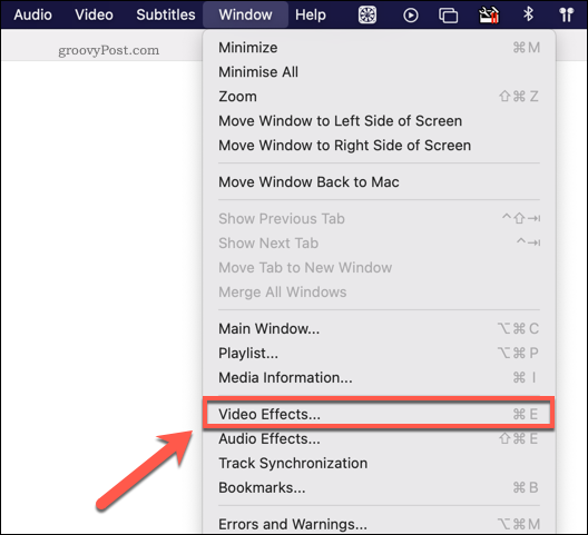 Accesarea meniului de efecte video VLC pe Mac