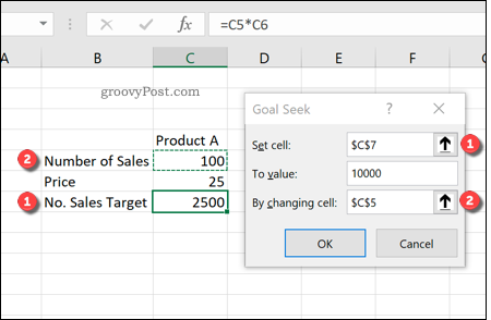 Utilizarea căutării obiectivelor în Excel