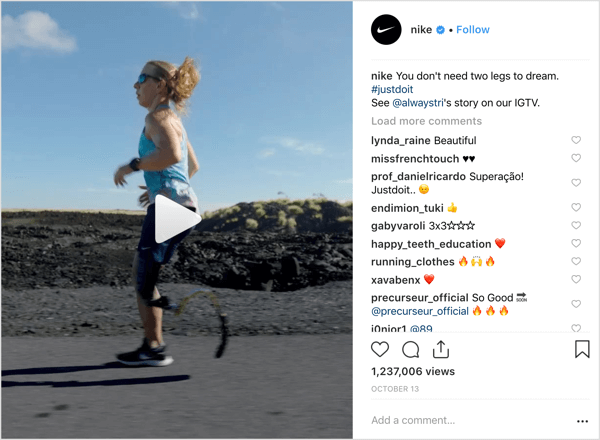 Postare Nike Instagram care promovează IGTV