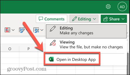 Opțiunea Excel deschis în aplicația desktop