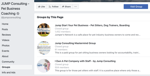 Cum se utilizează caracteristicile grupurilor Facebook, exemplu de grupuri pe pagina de Facebook, JUMP Consulting