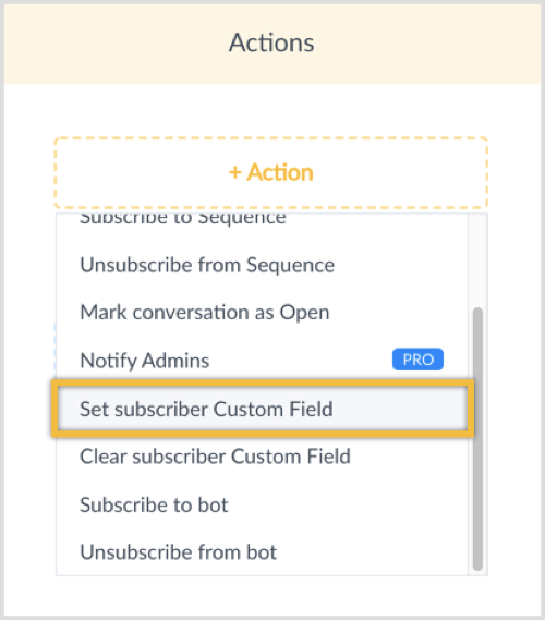 Faceți clic pe butonul + Acțiune și selectați Setați câmpul personalizat al abonatului.