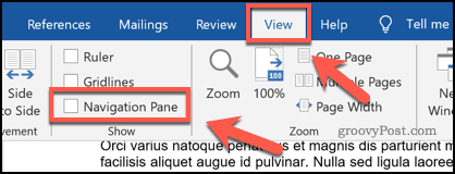 Activarea panoului de navigare în Microsoft Word