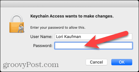 Introduceți numele de utilizator și parola pentru Acces la cheie