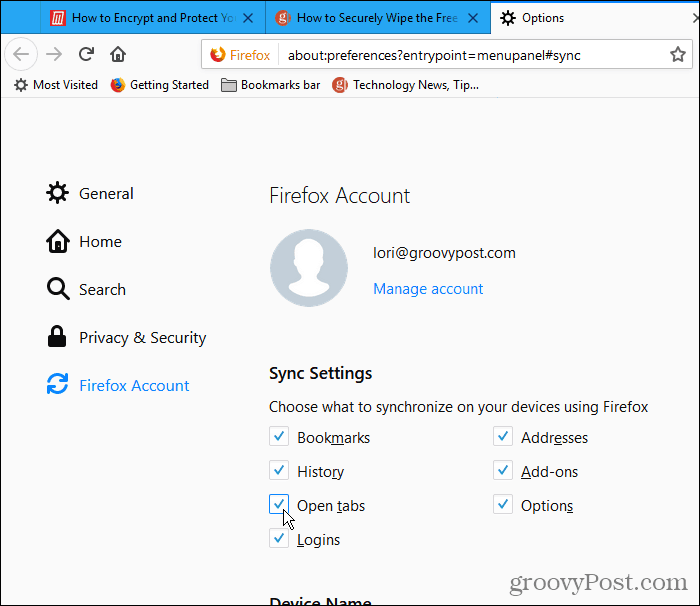 Verificați filele Deschideți sub Setări sincronizare în Firefox pentru Windows