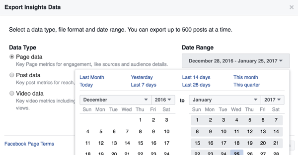 Puteți modifica intervalul de date pentru datele Facebook Insights pe care le descărcați.