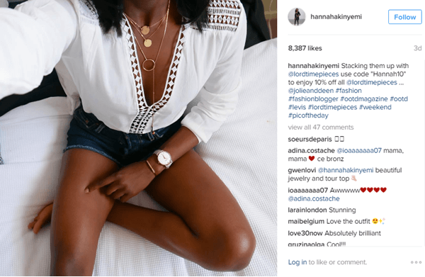 Modelul Hannah Akinyemi are un ceas de la Lord Timepieces împreună cu un cod de reducere pe Instagram.