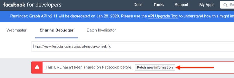 pasul 2 al modului de utilizare a instrumentului Facebook Sharing Debugger