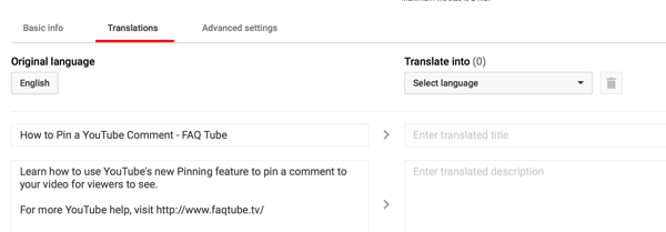 În fila Traduceri pentru videoclipul dvs. YouTube, introduceți un titlu și o descriere traduse.
