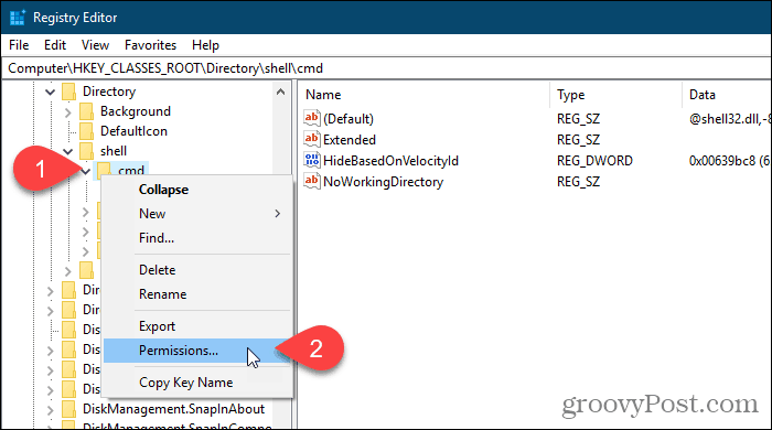 Faceți clic dreapta pe o cheie de registru și selectați Permisiuni în Editorul Windows Registry