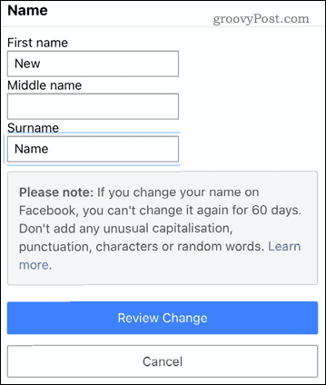 Editarea unui nume în aplicația mobilă Facebook