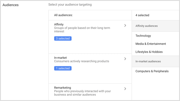 Setări de audiență pentru campania Google AdWords.