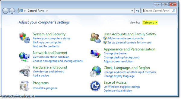 Panoul de control Windows 7 din vizualizarea categoriei