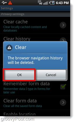 confirma ștergerea istoricului de navigare pe browserul de telefon Android