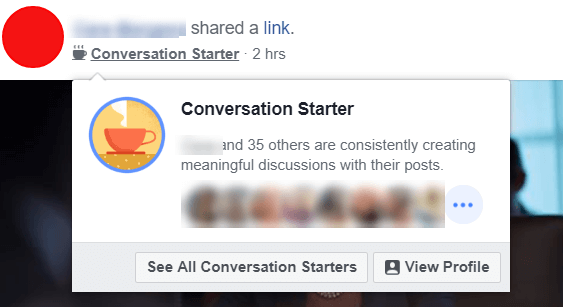 Facebook pare să experimenteze noi ecusoane Starter de conversație care evidențiază utilizatorii și administratorii care creează în mod constant discuții semnificative cu postările lor.
