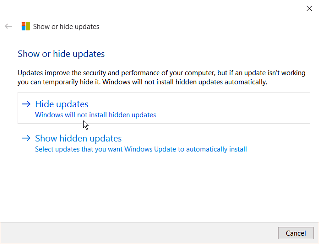 Ascundeți instrumentul Windows 10 Update