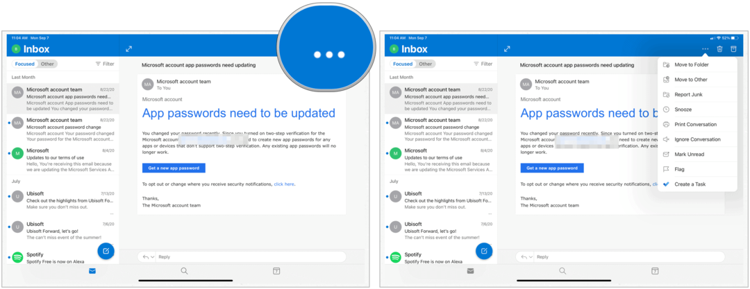 Acțiuni rapide Microsoft Outlook pentru iPad