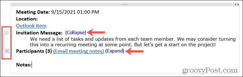Extindeți sau restrângeți detaliile întâlnirii în OneNote